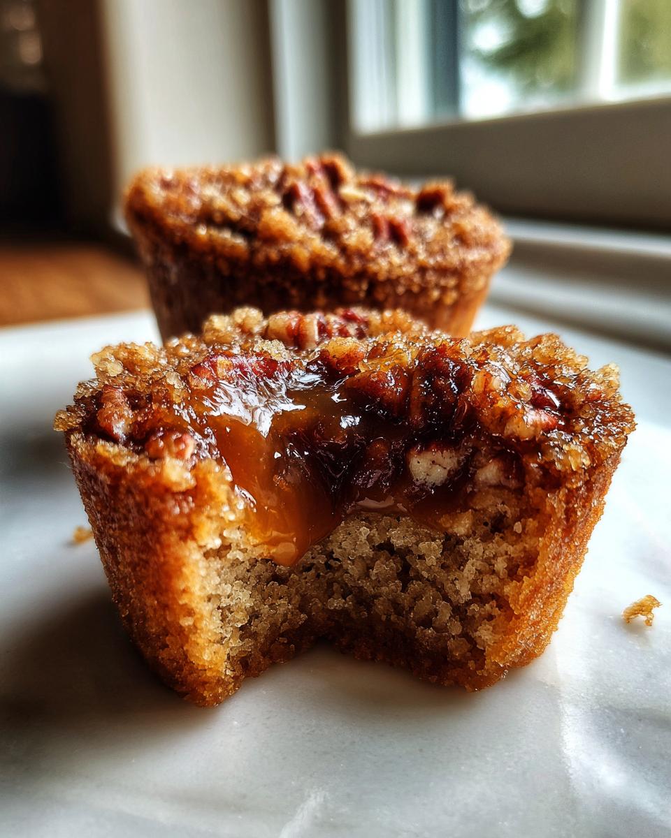 A pecan pie muffin with a bite taken out, revealing gooey caramel filling and a pecan topping.