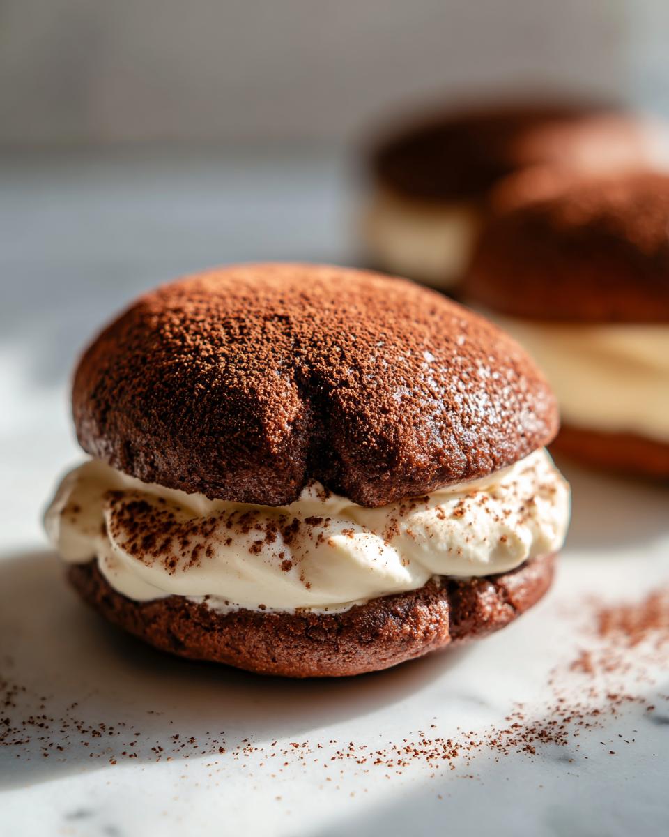 A close-up of one decadent tiramisu cookies sandwich filled with creamy mascarpone filling and dusted with cocoa powder.
