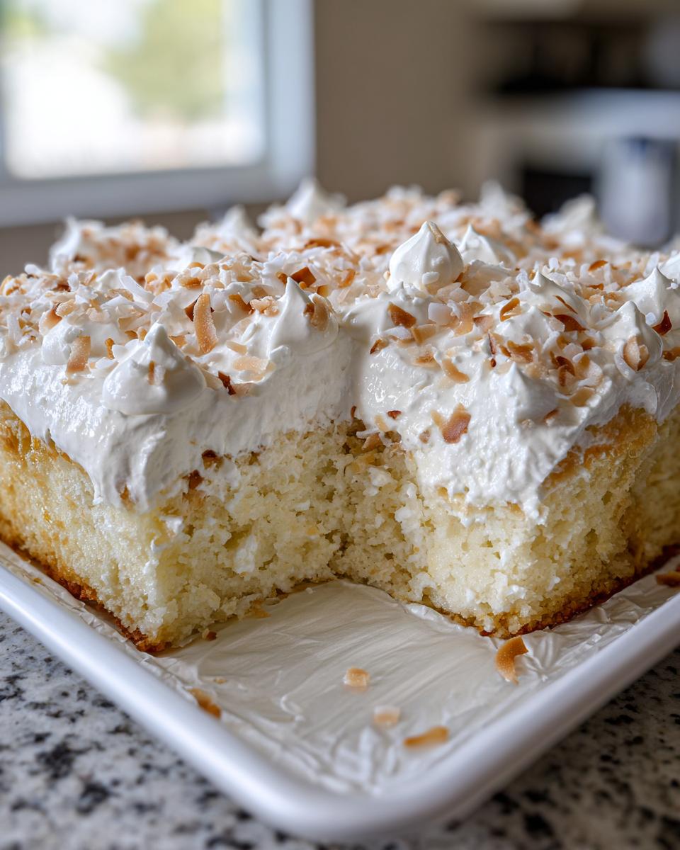 A close-up of a moist coconut poke cake with a section removed, topped with white whipped cream and toasted coconut flakes.