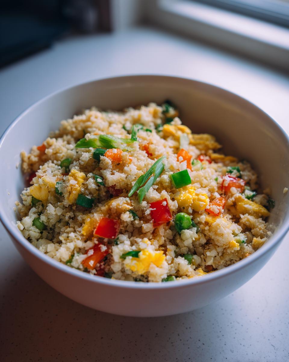 A white bowl filled with homemade cauliflower rice mixed with scrambled egg, red peppers, peas, and green onions.