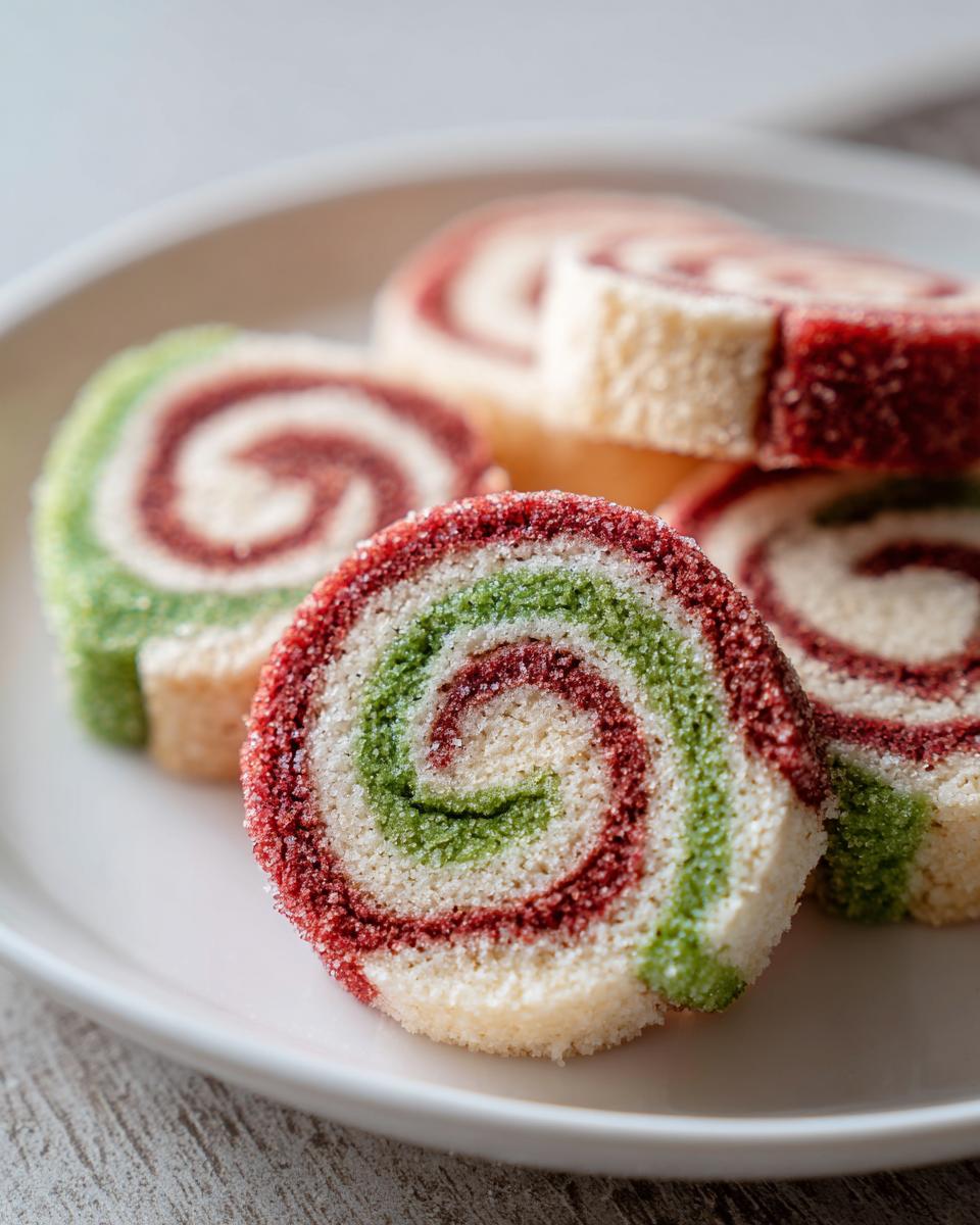 Close-up of colorful, sugared pinwheel cookies showing red, green, and white swirls on a white plate.