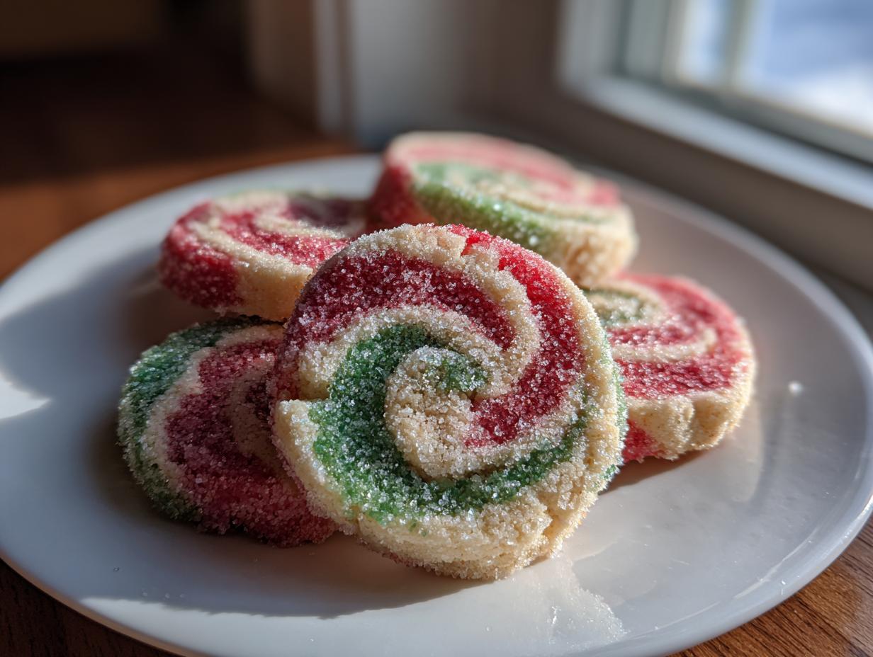 A stack of colorful red, green, and white pinwheel cookies coated in sparkling sugar on a white plate.