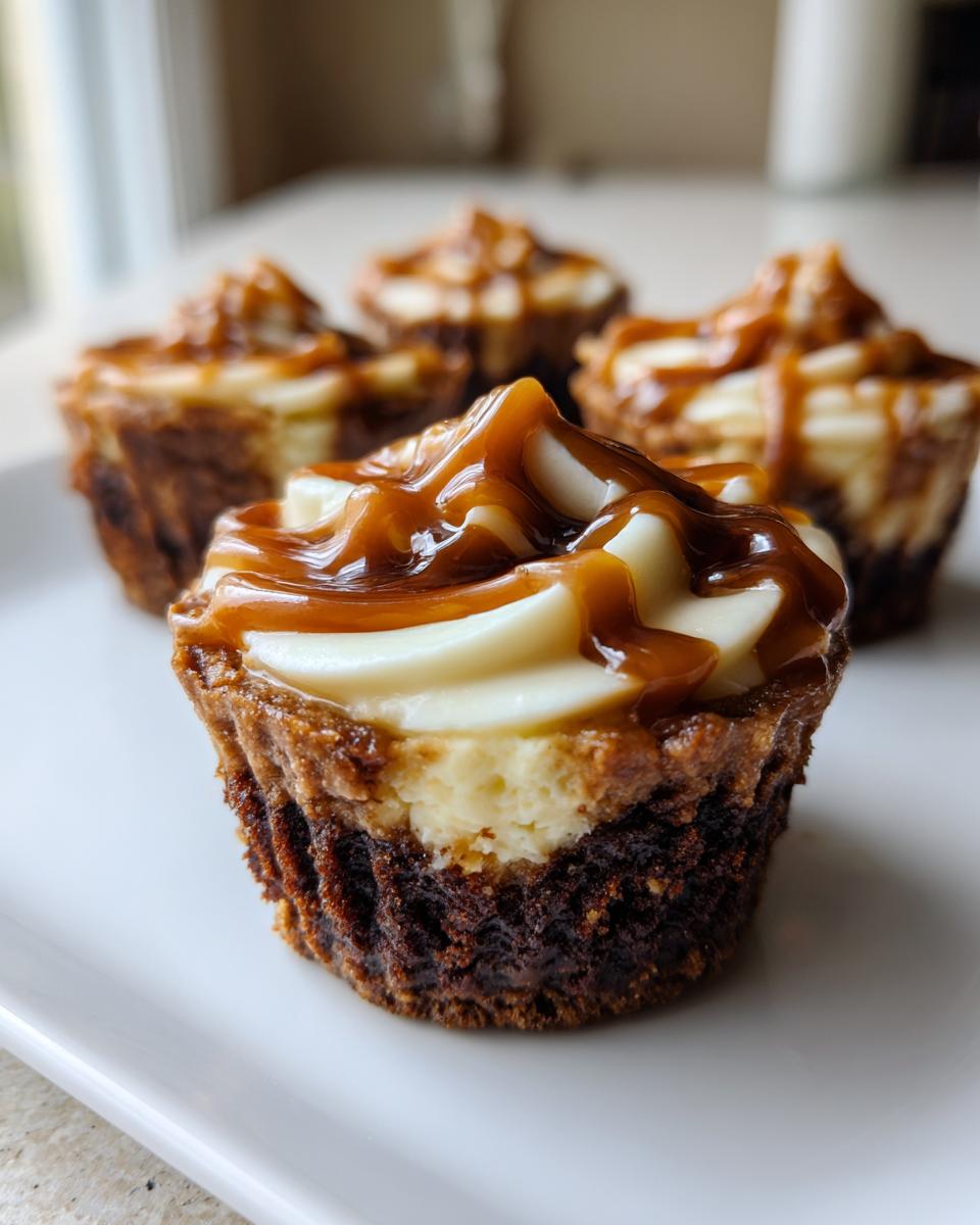 Close-up of a cookie butter cheesecake cup topped with cream cheese frosting and caramel sauce.