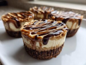 Four individual cookie butter cheesecake cups topped with caramel and chocolate drizzle on a white plate.