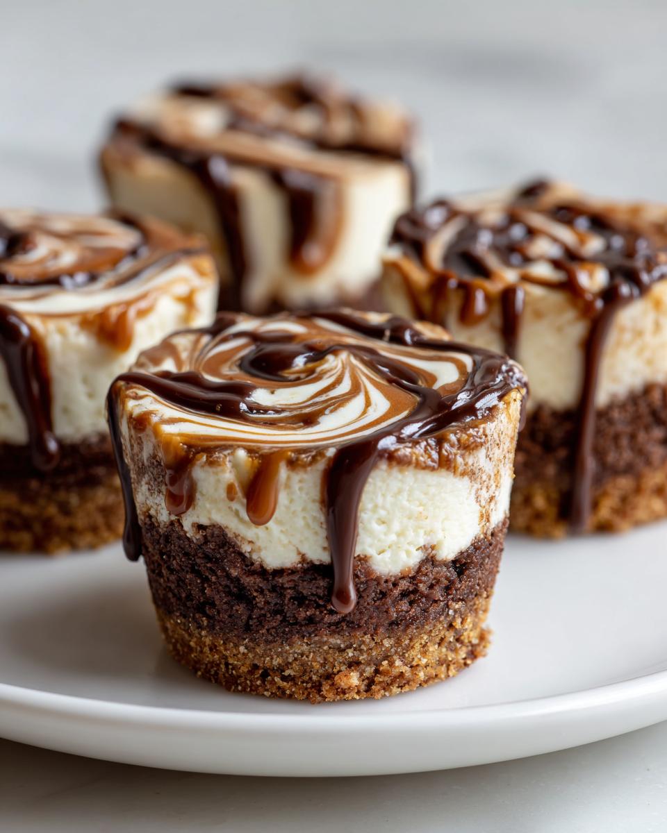 Close-up of delicious cookie butter cheesecake cups topped with chocolate and caramel swirl drizzle.