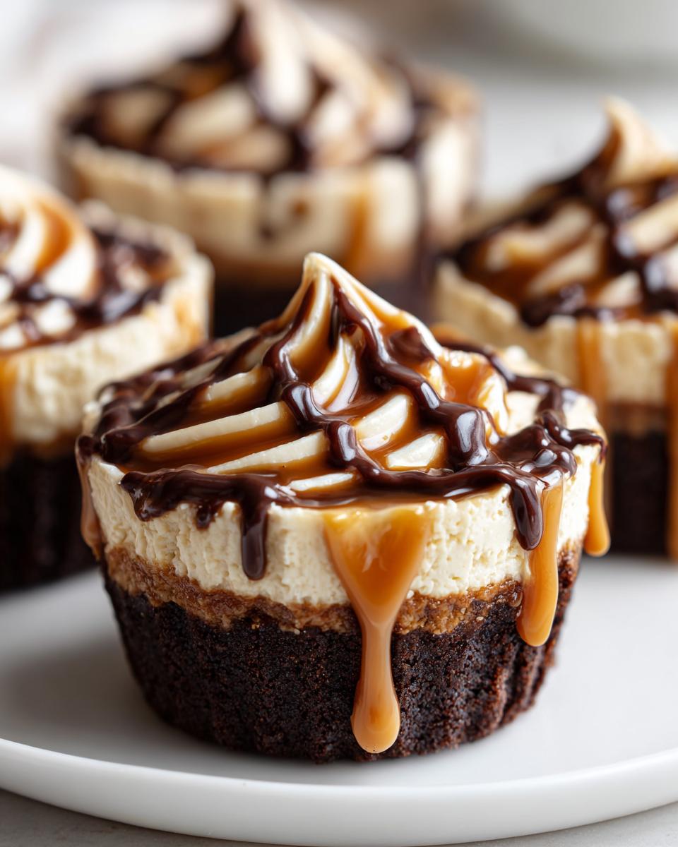 Close-up of a cookie butter cheesecake cup with a thick chocolate and caramel drizzle.