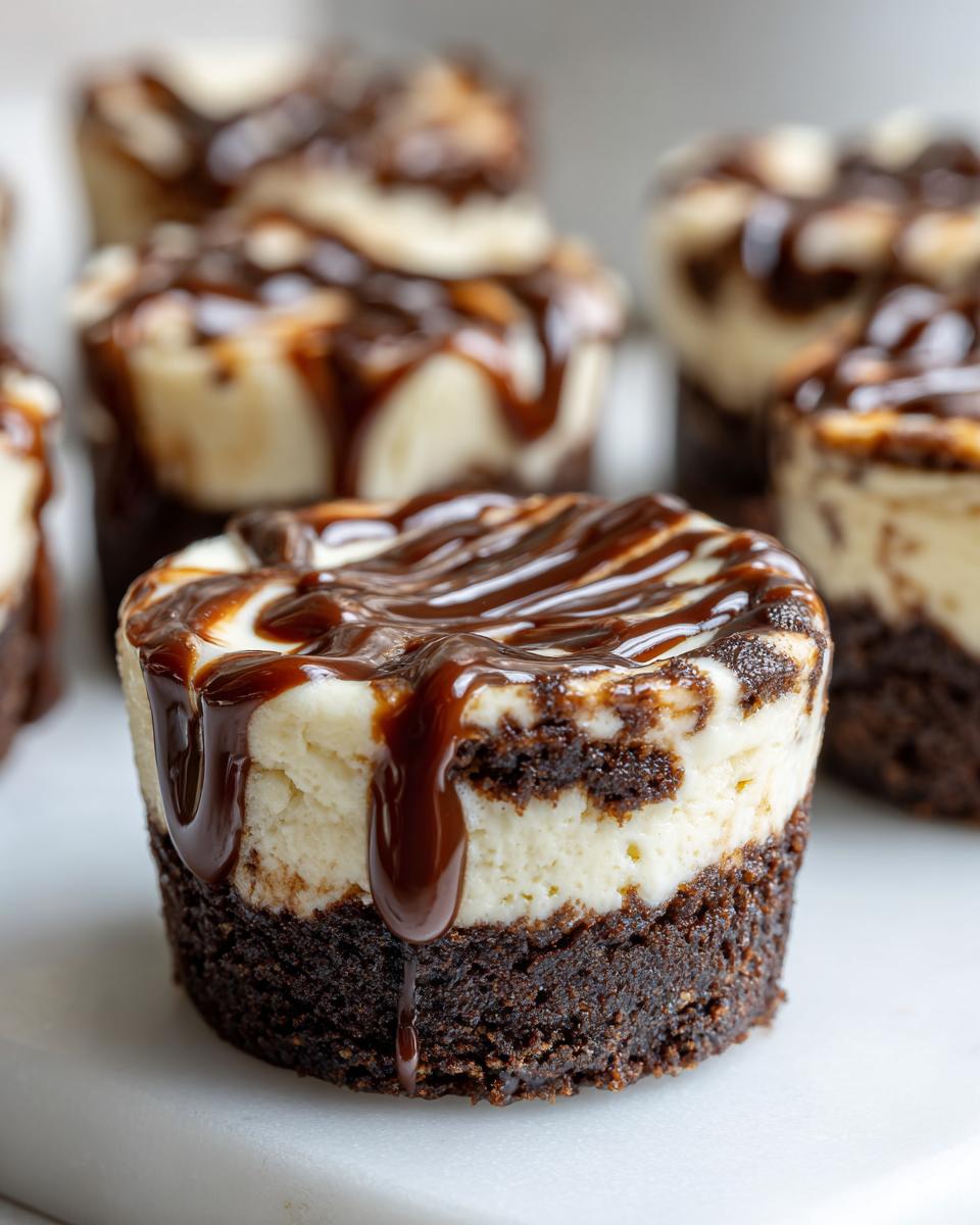 A single, rich cookie butter cheesecake cup with a dark chocolate crust and a thick caramel or chocolate drizzle on top.