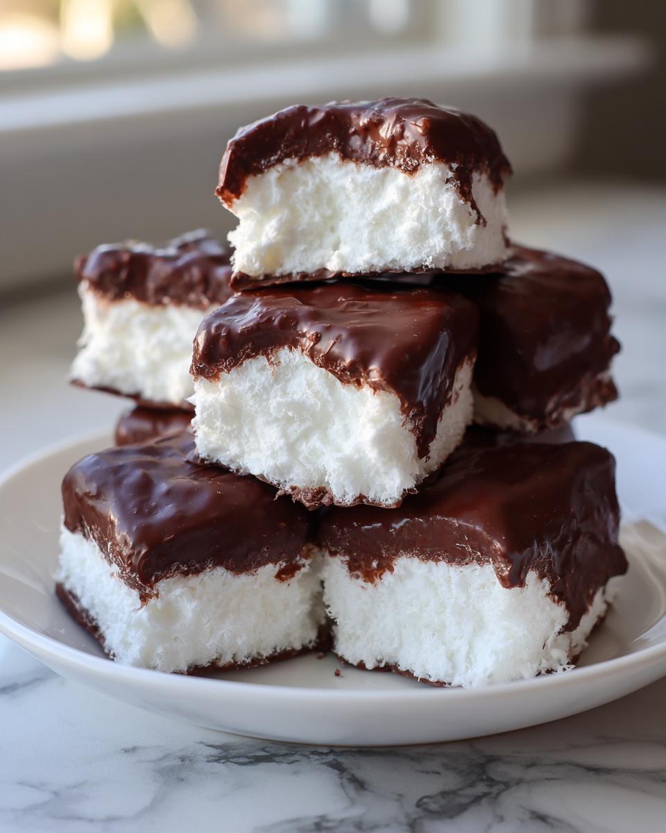 A stack of homemade cool whip candy squares topped with rich chocolate ganache on a white plate.