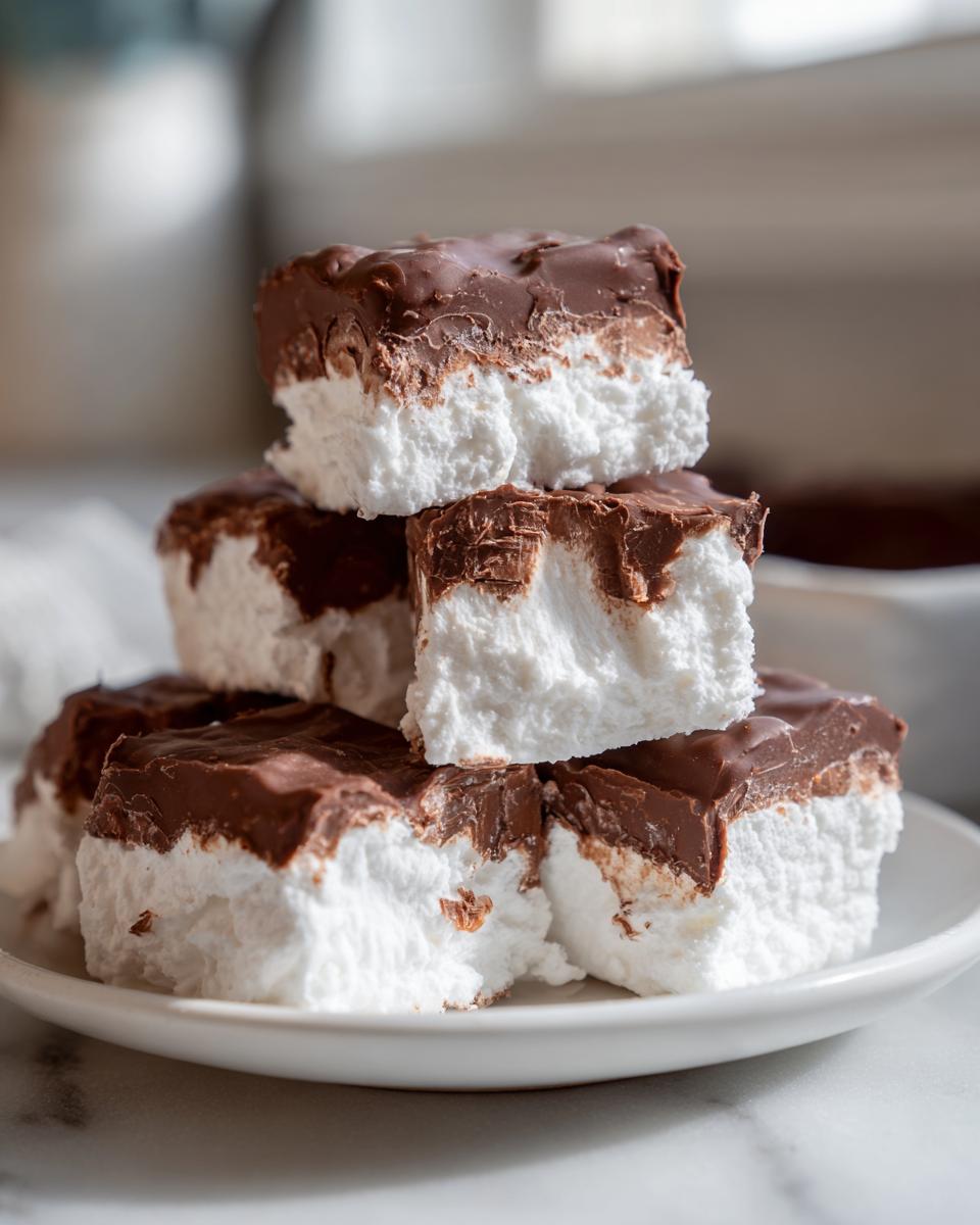 A stack of homemade cool whip candy squares featuring a fluffy white base topped with rich chocolate frosting.