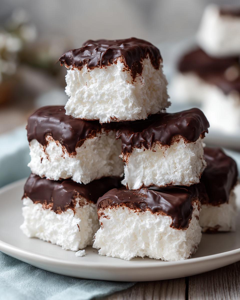 A stack of fluffy white squares of cool whip candy topped with a rich chocolate glaze.