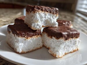 Close-up of chocolate-topped Cool Whip candy squares stacked on a white plate.