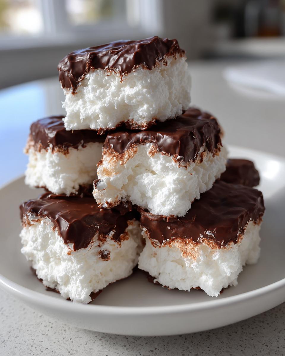 A stack of fluffy white cool whip candy squares topped with rich, dark chocolate ganache.