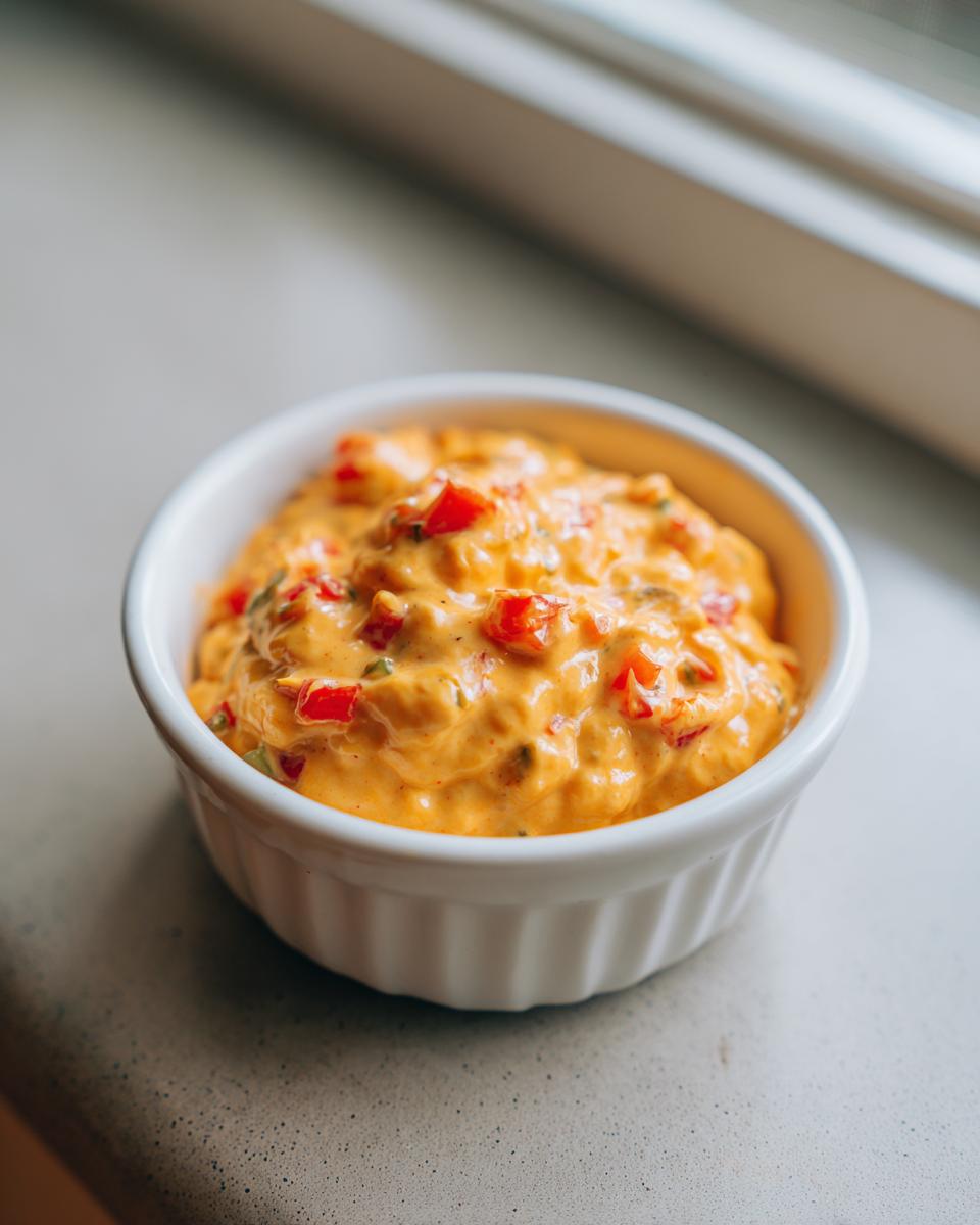 A small white ramekin filled with creamy, orange cottage cheese queso mixed with diced red peppers.