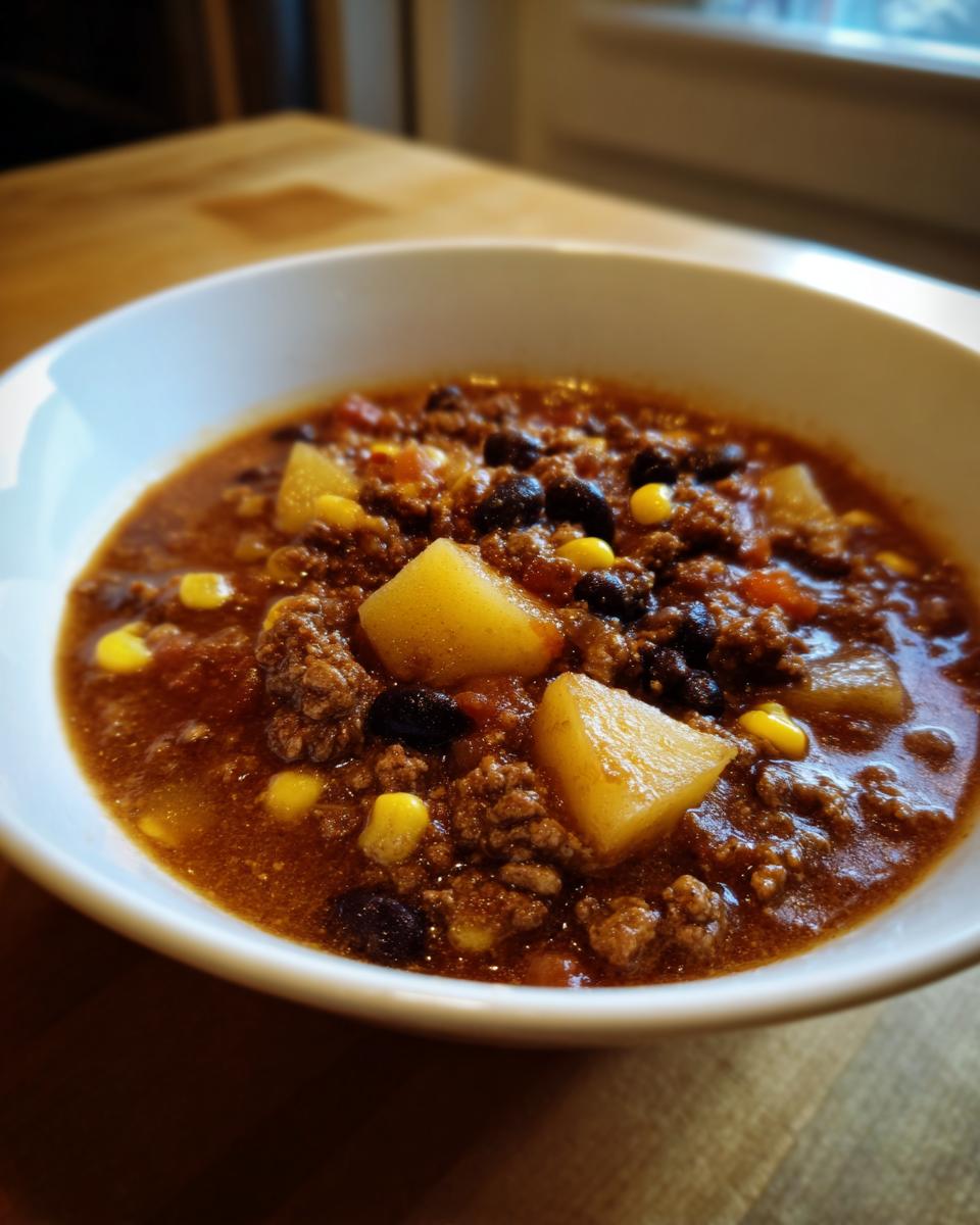 Close-up of a white bowl filled with rich, hearty cowboy soup featuring ground beef, black beans, corn, and potato chunks.