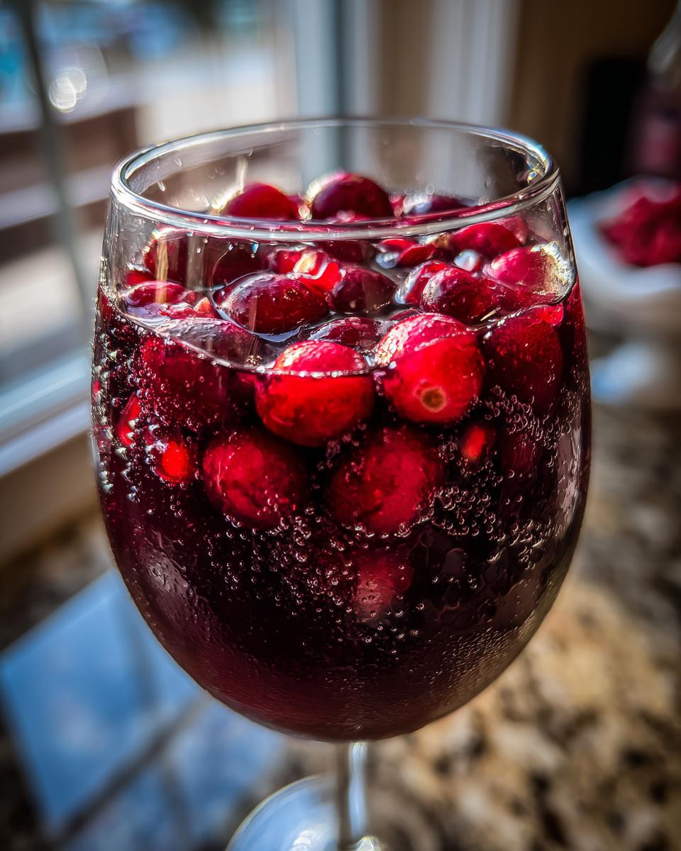 Close-up of a glass filled with deep red holiday sangria, topped with floating, bright red cranberries and effervescence.
