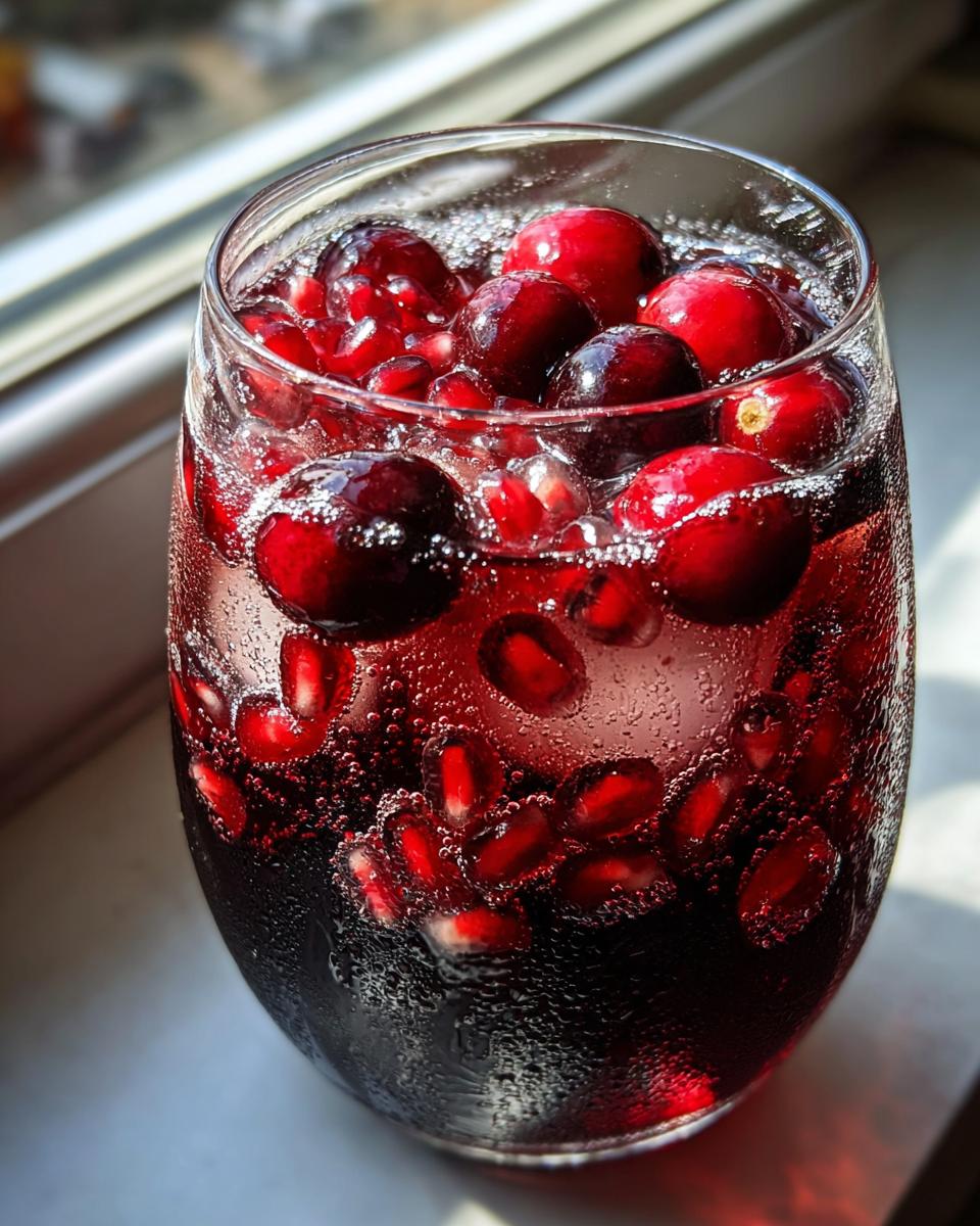 Close-up of a glass filled with bubbling red liquid, topped with whole cranberries and pomegranate seeds, perfect for holiday sangria.