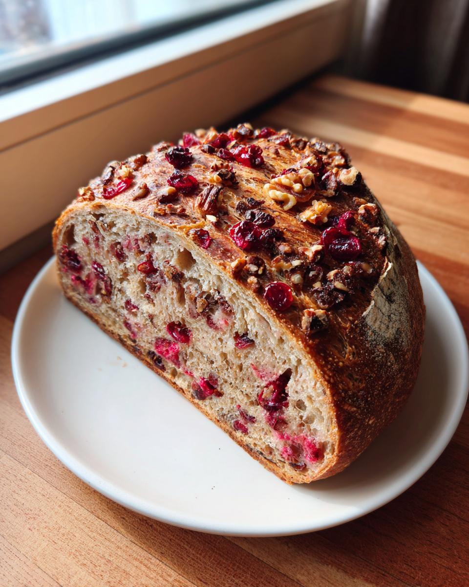 A thick slice of homemade cranberry walnut bread showing vibrant red cranberries and nuts throughout the crumb and crust.