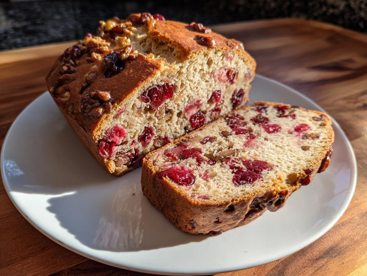 A loaf of moist cranberry walnut bread, partially sliced, showing bright red cranberries and walnuts throughout the crumb.