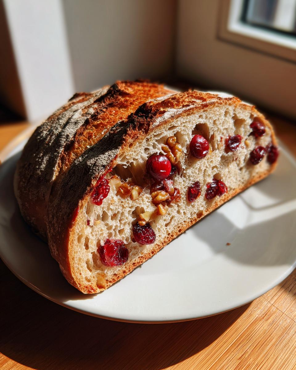 A thick slice of homemade cranberry walnut bread showing the open crumb filled with bright red cranberries and walnuts.