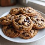 A stack of warm, chewy cream cheese chocolate chip cookies loaded with melted chocolate chunks on a white plate.