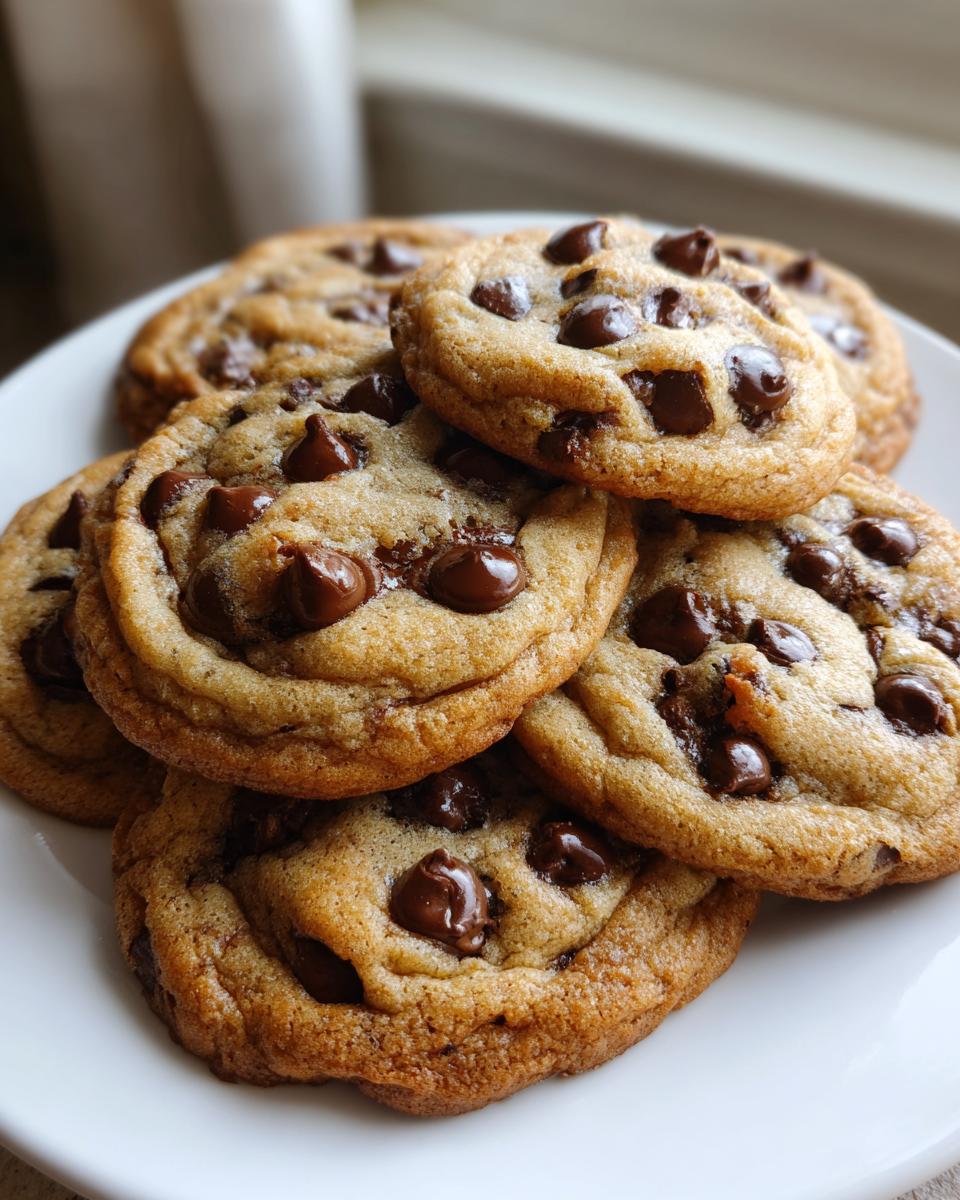 A stack of freshly baked, chewy cream cheese chocolate chip cookies loaded with melted chocolate chips on a white plate.