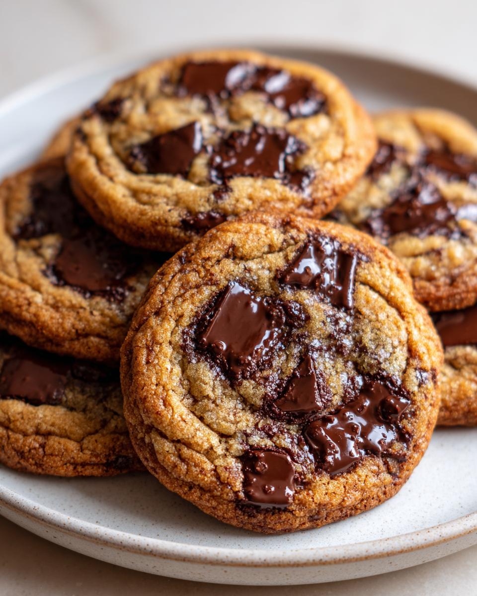 A close-up stack of freshly baked, chewy cream cheese chocolate chip cookies with melted chocolate pools.