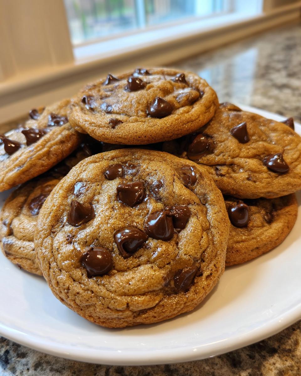 A stack of soft, golden cream cheese chocolate chip cookies loaded with melted chocolate chips on a white plate.