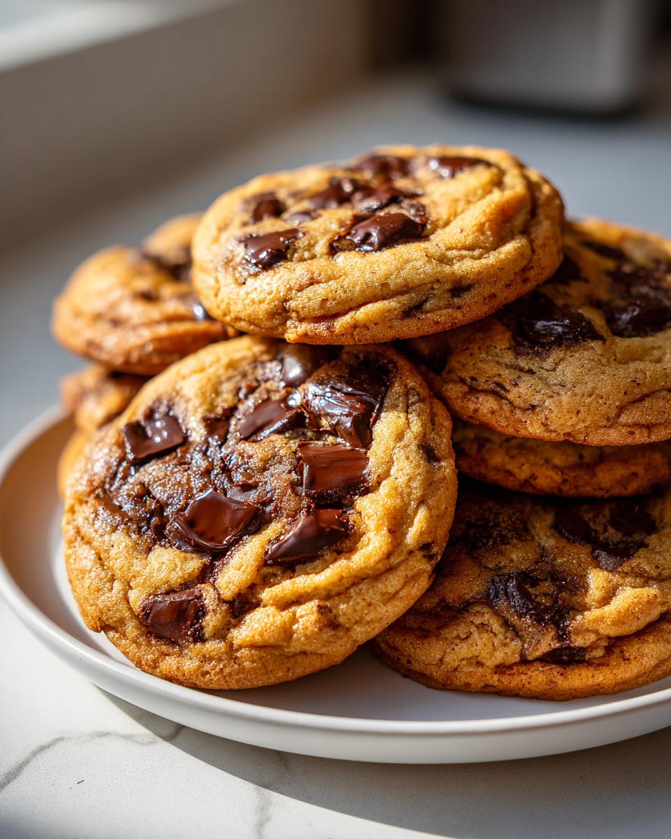 A close-up stack of freshly baked, chewy cream cheese chocolate chip cookies with melted chocolate chunks.