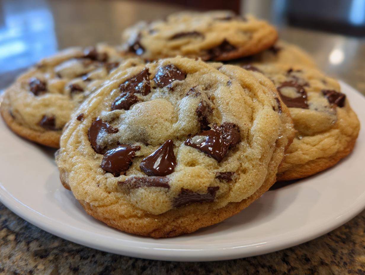 Close-up of several soft, thick cream cheese chocolate chip cookies piled on a white plate.