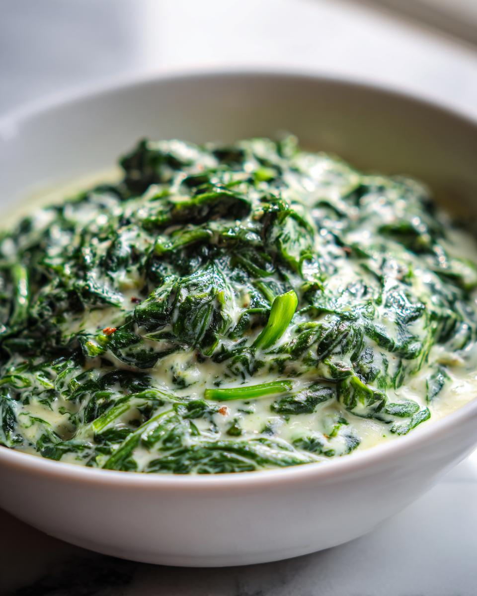 Close-up of rich, green creamed spinach recipe served in a white bowl.