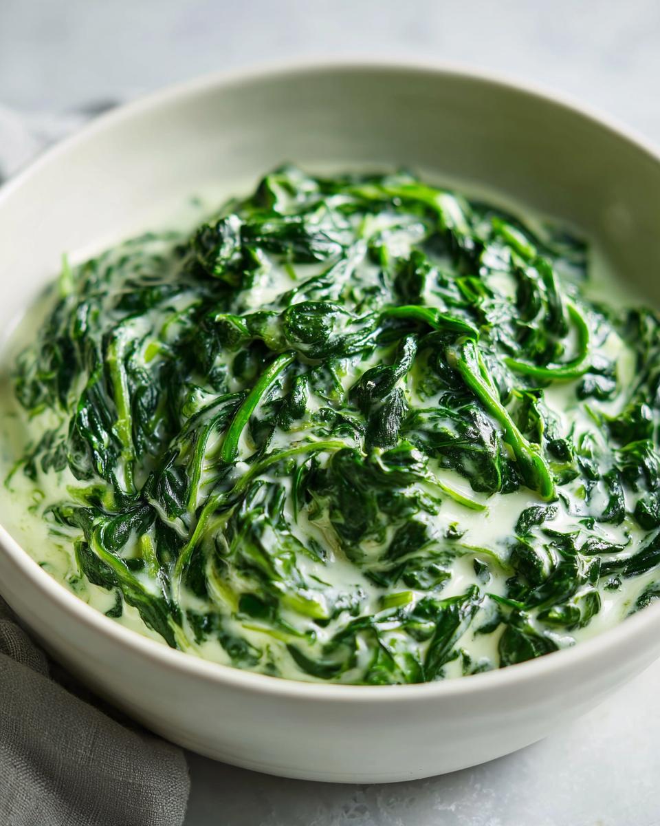 Close-up of vibrant green spinach coated in a rich white sauce, ready to serve as part of a creamed spinach recipe.