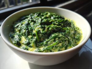 A close-up of a white bowl filled with rich, green creamed spinach recipe, highlighted by natural sunlight.