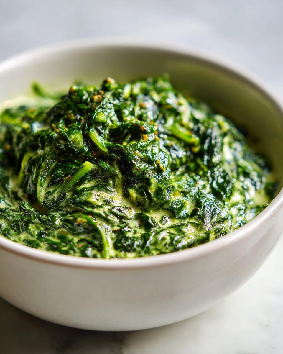 A close-up shot of rich, vibrant green creamed spinach recipe served in a light-colored bowl.