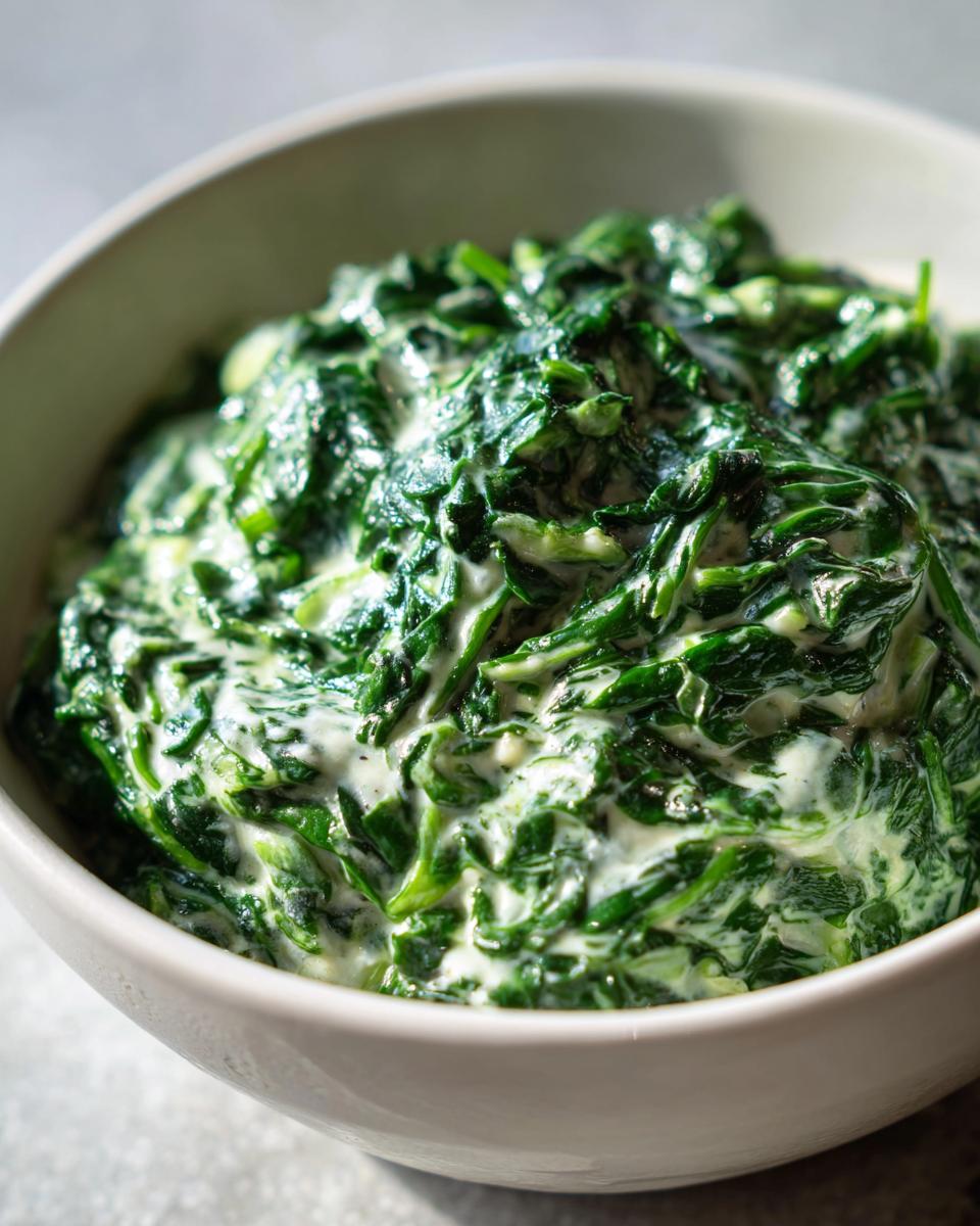 Close-up of rich, vibrant green creamed spinach recipe served in a light-colored bowl.