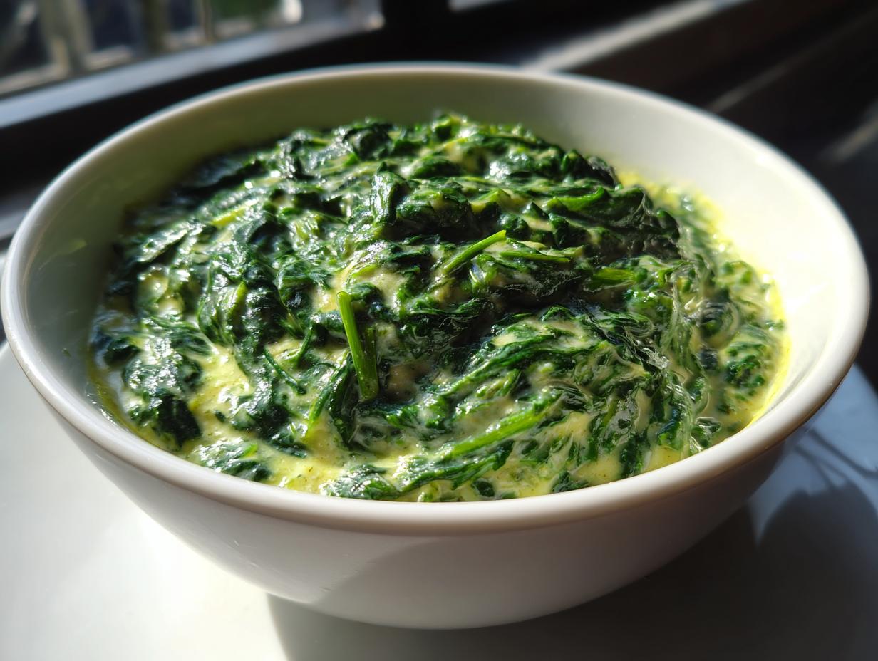 A close-up of a white bowl filled with rich, green creamed spinach recipe, highlighted by natural sunlight.