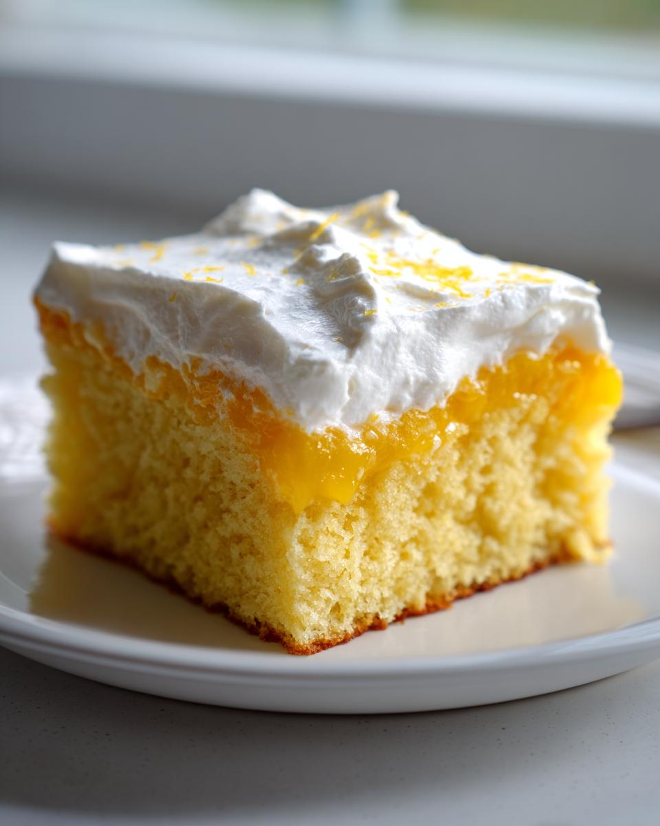 Close-up of a square slice of Creamsicle Cake featuring yellow sponge, orange layer, and white whipped topping.