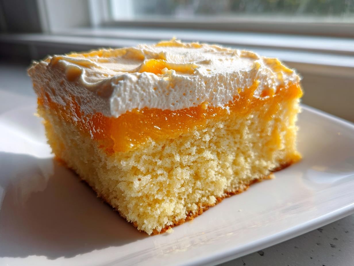 A close-up of a moist slice of Creamsicle Cake showing the yellow sponge, orange filling, and white topping.
