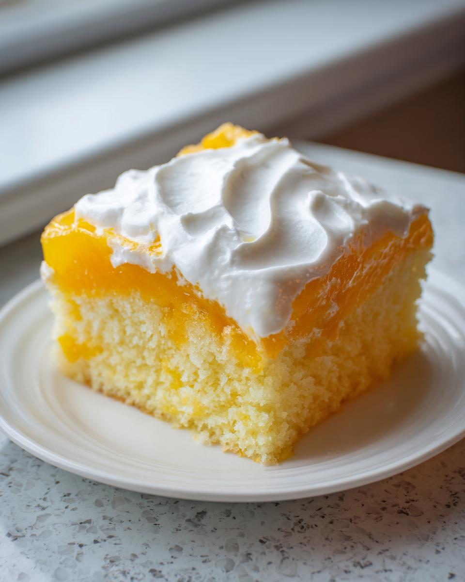 A square slice of moist Creamsicle Cake topped with bright orange glaze and a swirl of white whipped cream.