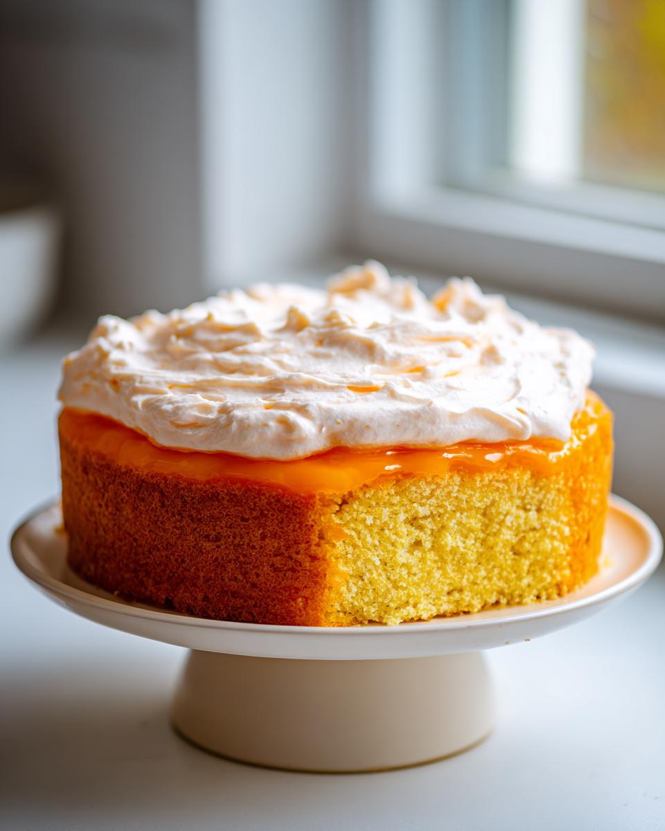 A slice removed from a moist Creamsicle Cake topped with orange glaze and whipped cream on a pedestal stand.