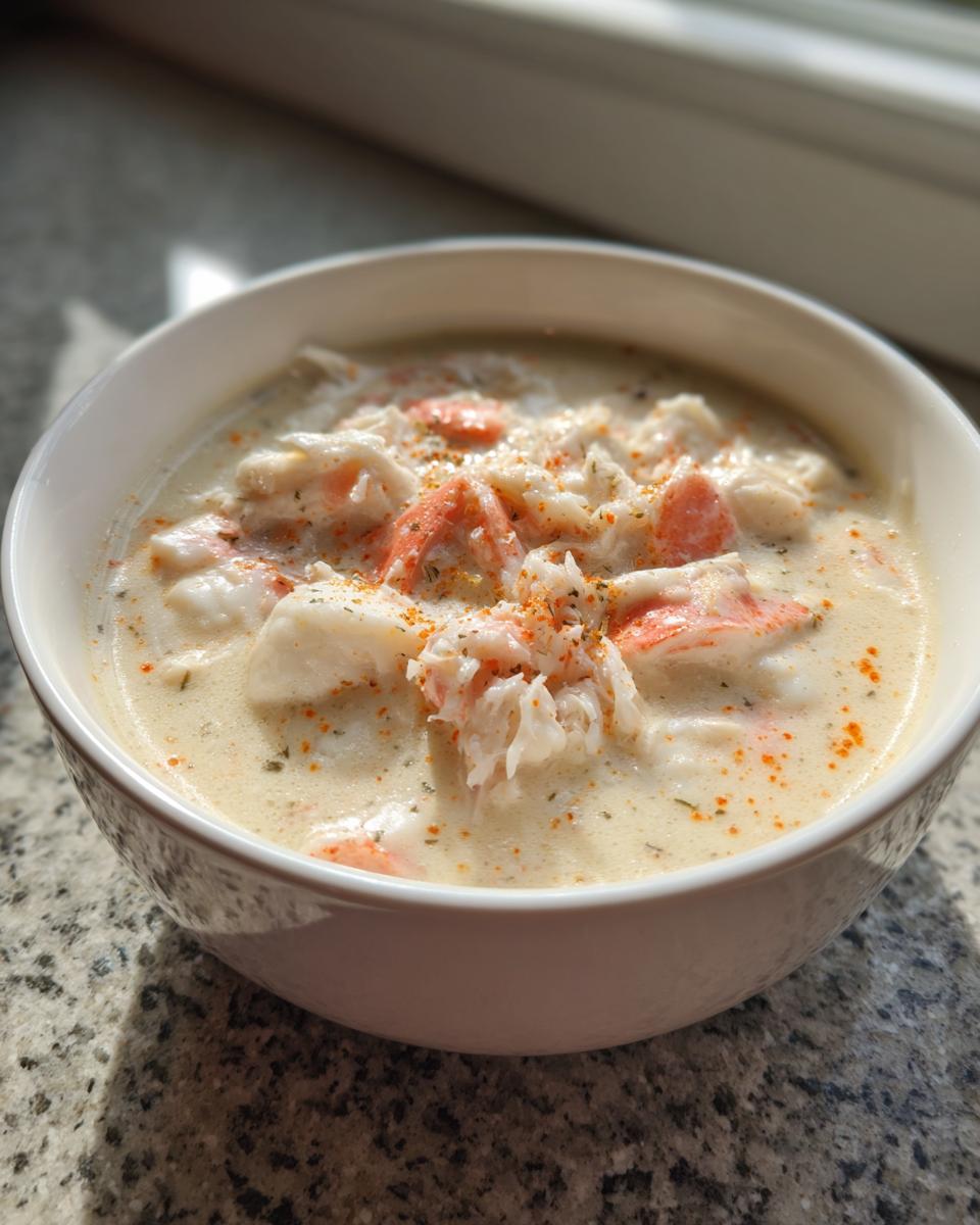 Close-up of a white bowl filled with rich, creamy crab soup topped with flakes of crab meat and seasoning.
