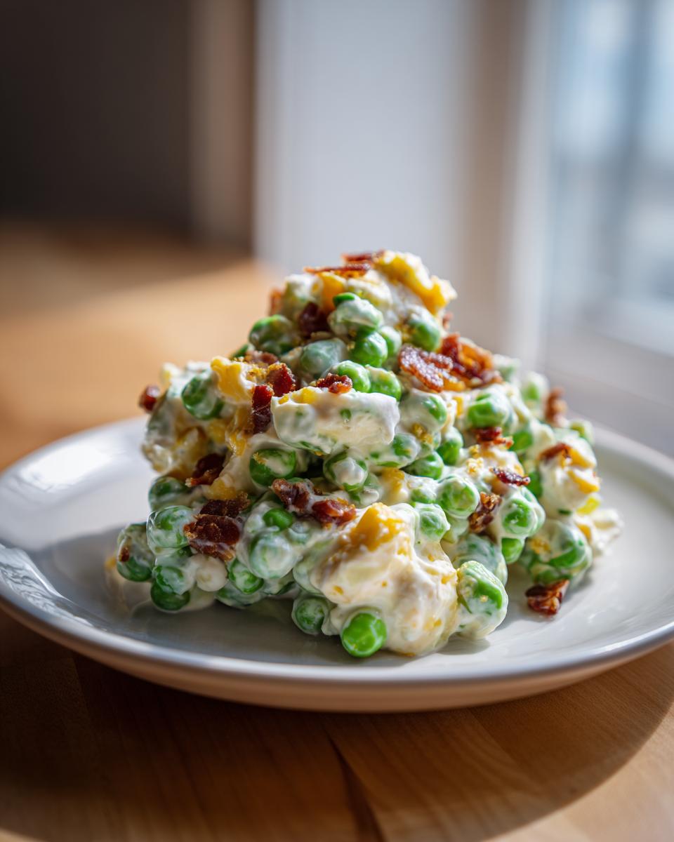 A mound of creamy pea salad mixed with cheese and topped with crispy bacon bits, featuring the primary keyword pea salad.