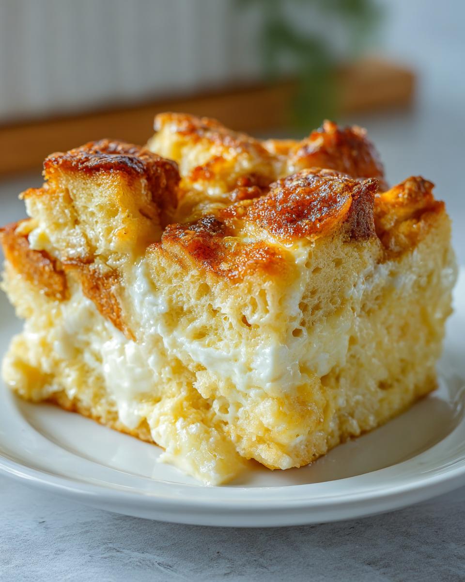 A close-up of a square slice of creamy baked french toast with a golden-brown top, served on a white plate.