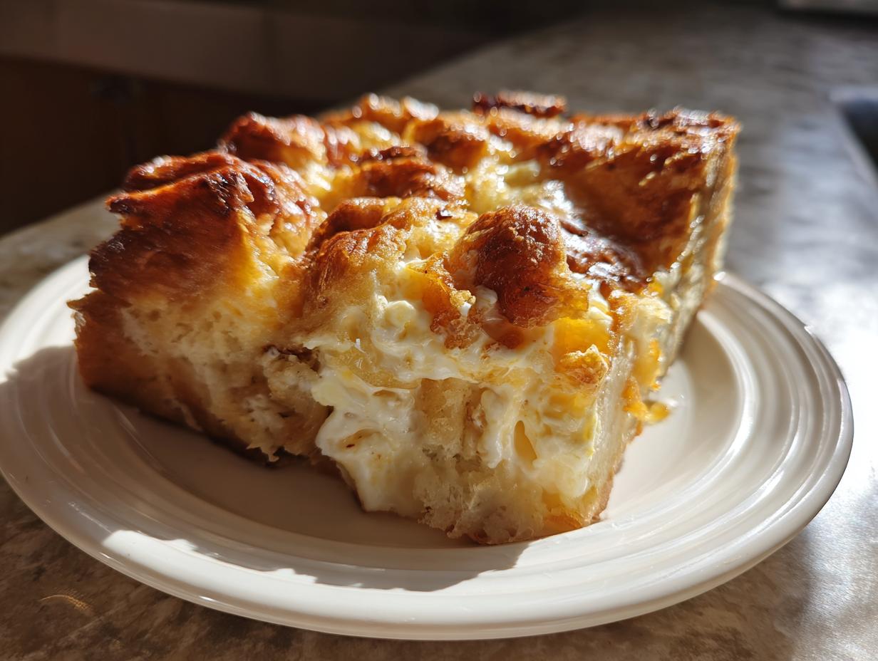 A thick, golden-brown slice of baked french toast with a creamy center, served on a white plate.