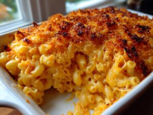 A close-up view of creamy, cheesy baked mac and cheese recipe with a perfectly browned, crunchy breadcrumb topping.
