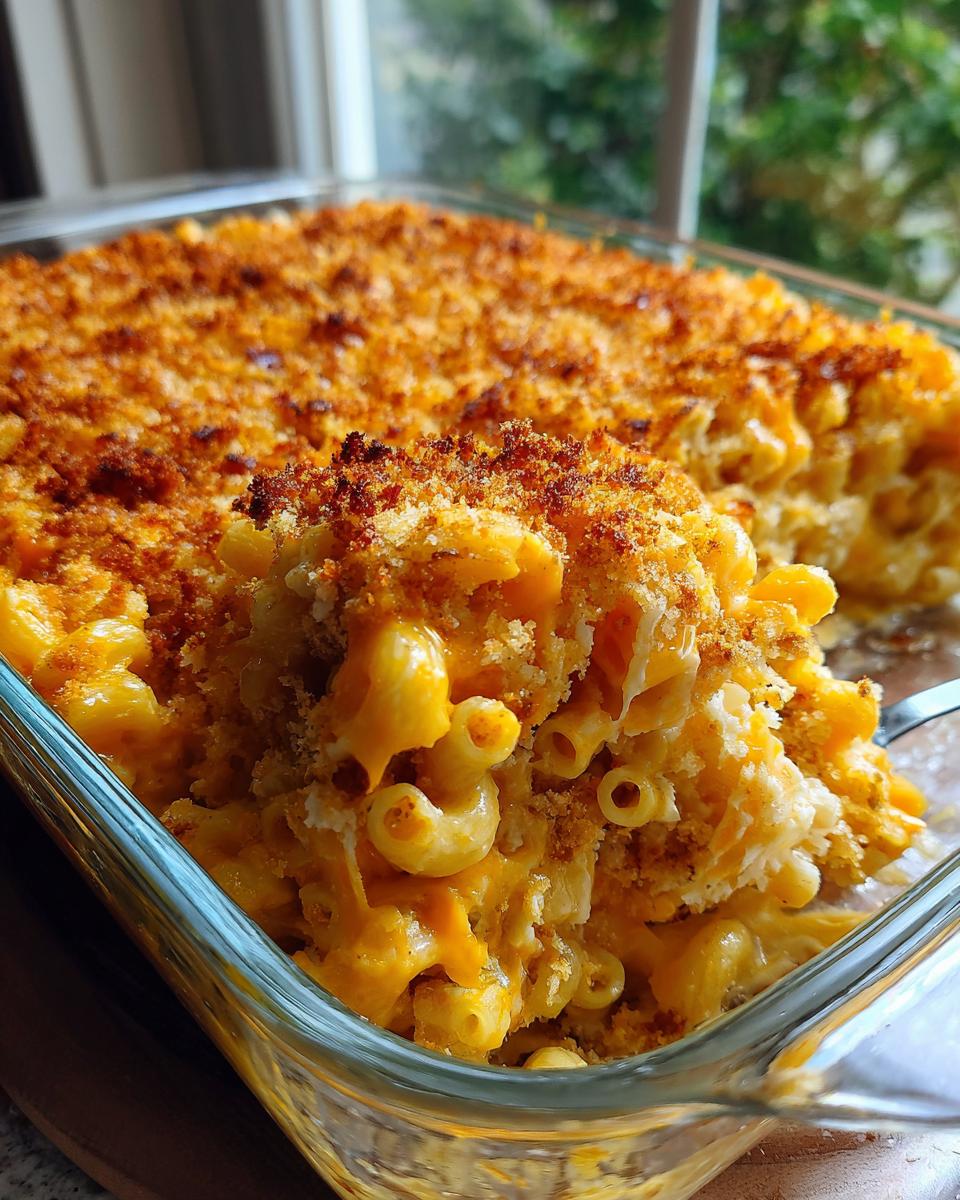 A spoonful being lifted from a glass dish of creamy baked mac and cheese recipe with a golden brown, crispy breadcrumb topping.