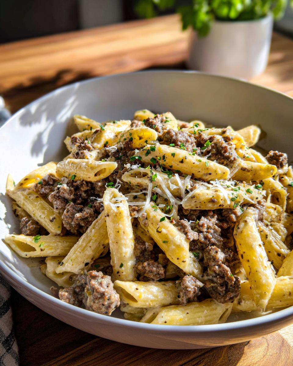Close-up of a white bowl filled with creamy beef pasta made with penne, ground beef, and topped with shredded Parmesan cheese.