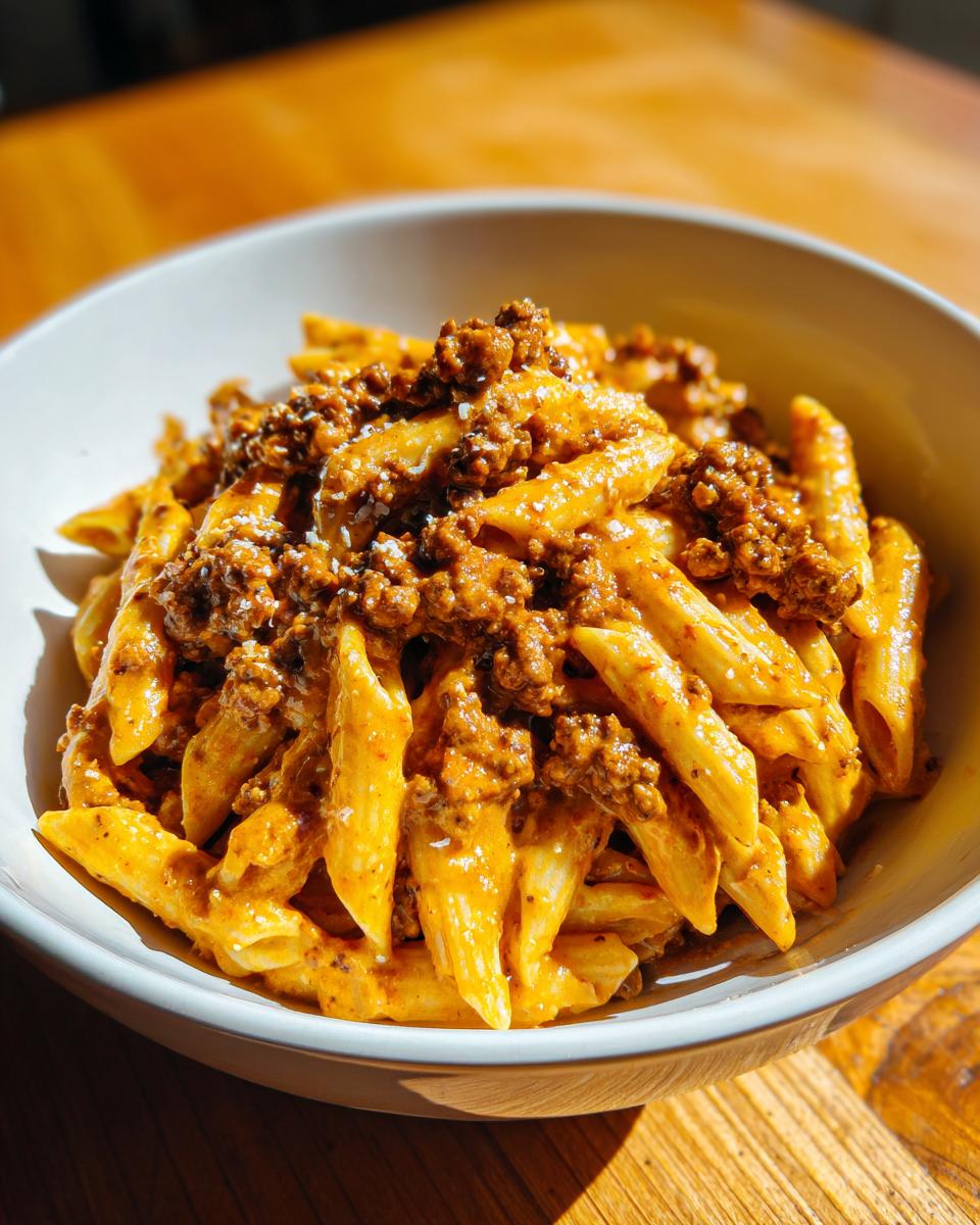 Close-up of a white bowl filled with creamy beef pasta, featuring penne noodles coated in a rich sauce and topped with ground beef.