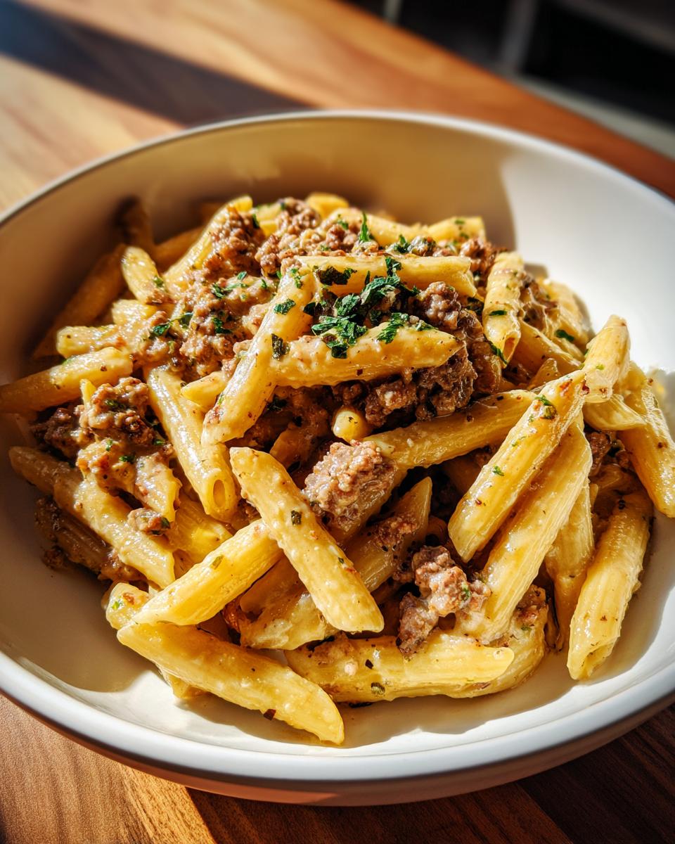 Close-up of a white bowl filled with creamy beef pasta, featuring penne noodles and ground beef, garnished with parsley.