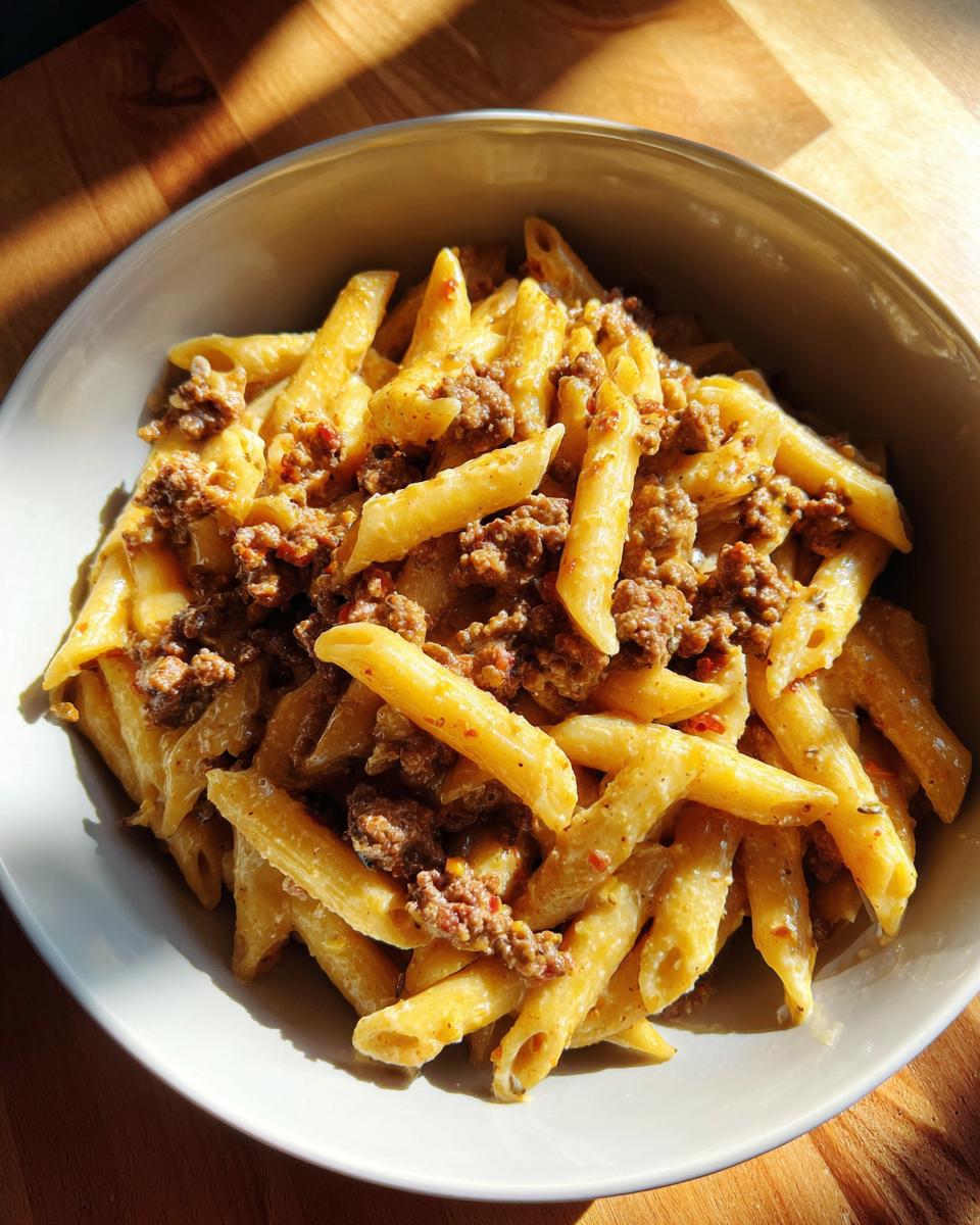 A close-up overhead shot of a bowl filled with creamy beef pasta made with penne noodles and ground beef.