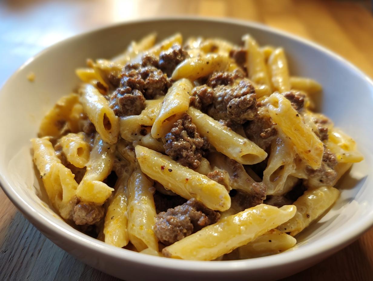 Close-up of a white bowl filled with creamy beef pasta made with penne noodles and ground beef.